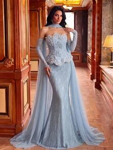 Glamrae Elegant Romantic Luxury 3D Embroidered Lace Cold Shoulder 2 In 1 Wavy Neckline Long Sleeve Bodycon Maxi Dress With Flared Hem And Ruffle Detail, Suitable For Holiday Celebrations, Weddings, Proms, Concerts, Business Guest Banquets, Internet Celebrity Events, Women's Heavy Workmanship Evening Gown - Gray Blue - View 2