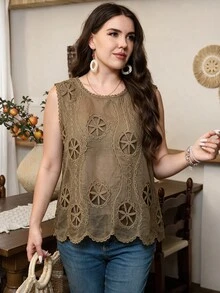 Lacomfia Women's Elegant Minimalist Round Neck Hollow Floral Plus Size Camisole - Coffee Brown - View 1
