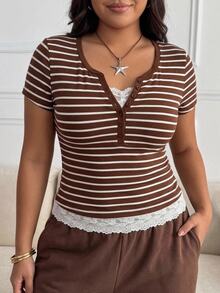 Comfortcana Plus Size Brown Striped Vintage Casual 80s American Style Slim Fit Stretch T-Shirt Graduation Formal Summer - Brown - View 2