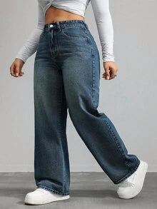 SHEIN CURVE+ Plus Size Women Casual Loose Fit Denim Wide Leg Pants - Dark Wash - View 6