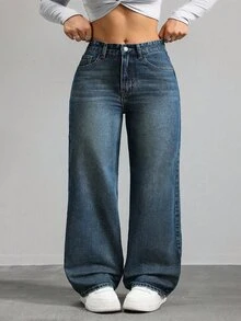 SHEIN CURVE+ Plus Size Women Casual Loose Fit Denim Wide Leg Pants - Dark Wash - View 4