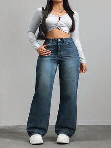 SHEIN CURVE+ Plus Size Women Casual Loose Fit Denim Wide Leg Pants - Dark Wash - View 5