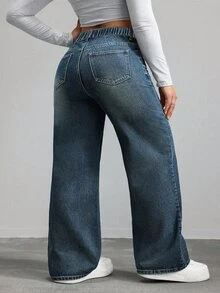 SHEIN CURVE+ Plus Size Women Casual Loose Fit Denim Wide Leg Pants - Dark Wash - View 2