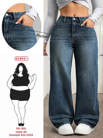 SHEIN CURVE+ Plus Size Women Casual Loose Fit Denim Wide Leg Pants