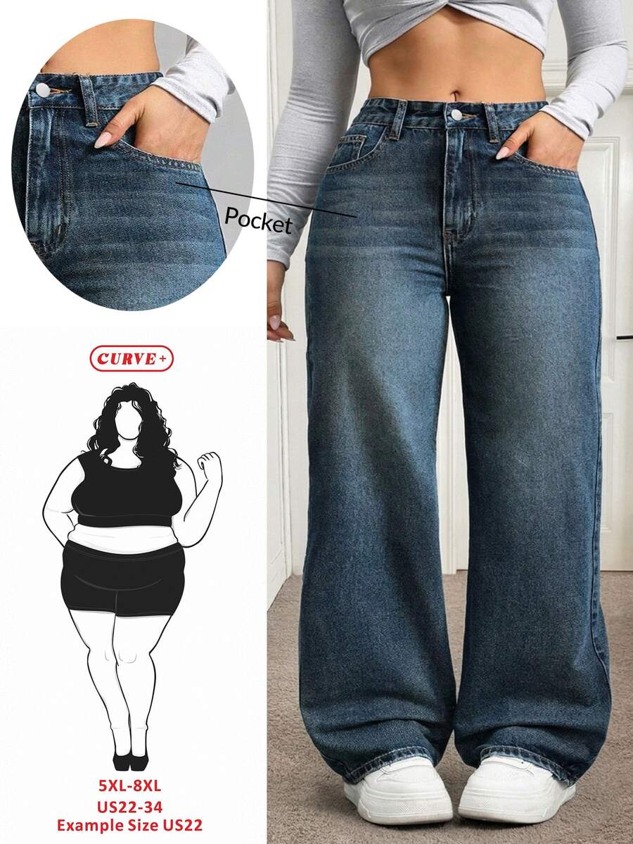 SHEIN CURVE+ Plus Size Women Casual Loose Fit Denim Wide Leg Pants - Dark Wash - View 1