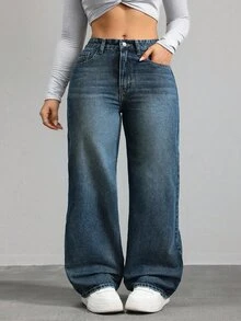 SHEIN CURVE+ Plus Size Women Casual Loose Fit Denim Wide Leg Pants - Dark Wash - View 7