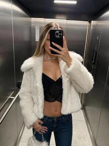 SHEIN ICON Sweetina 时尚纯色蓬松长袖短夹克，秋冬女士运动衫女装 - 白色 - 查看 1