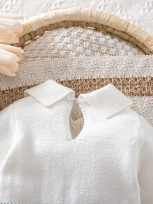 SHEIN 女嬰針織長袖連身毛衣褲，翻領連腳褲，舒適適合秋冬，手工蝴蝶結，優雅淑女風，麻花編織設計，時尚，黃色/淡黃色，適合日常穿著、外出與旅行 - 米色 - 查看 10