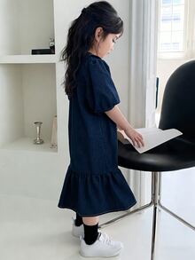 DAZY Young Girl' Round Neck Ruffle Trim Korean Style Washed Casual Summer Short Sleeve Denim Dress - Blue - View 7