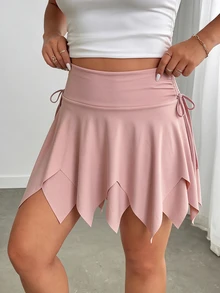 SHEIN Sovereign Charm Women's Plus Size Solid Color Asymmetric Hem Side Waist Drawstring Skort - Pink - View 7