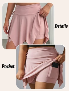 SHEIN Sovereign Charm Women's Plus Size Solid Color Asymmetric Hem Side Waist Drawstring Skort - Pink - View 5
