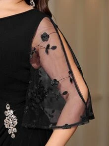 Reflora Plus Size Women's Mesh Rhinestone Decor Casual Party Dress Fall - Black - View 7