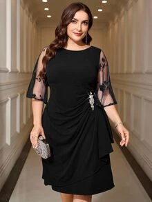 Reflora Plus Size Women's Mesh Rhinestone Decor Casual Party Dress Fall - Black - View 1