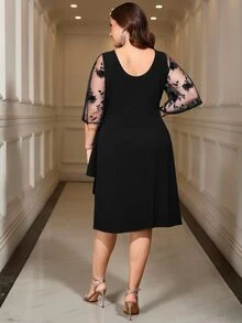 Reflora Plus Size Women's Mesh Rhinestone Decor Casual Party Dress Fall - Black - View 2