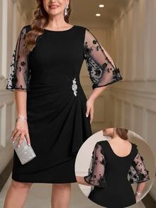 Reflora Plus Size Women's Mesh Rhinestone Decor Casual Party Dress Fall - Black - View 6