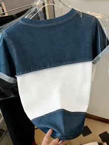 SHEIN 女士休闲修身牛仔针织套头短袖T恤 - 白色 - 查看 2