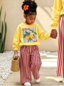 Baby Girls Casual Fresh Lemon Letter Thin Pink & White Vertical Striped Crew Neck Sweatshirt & Wide Leg Pants Set, Autumn/Winter 2026 - Multicolor - View 1