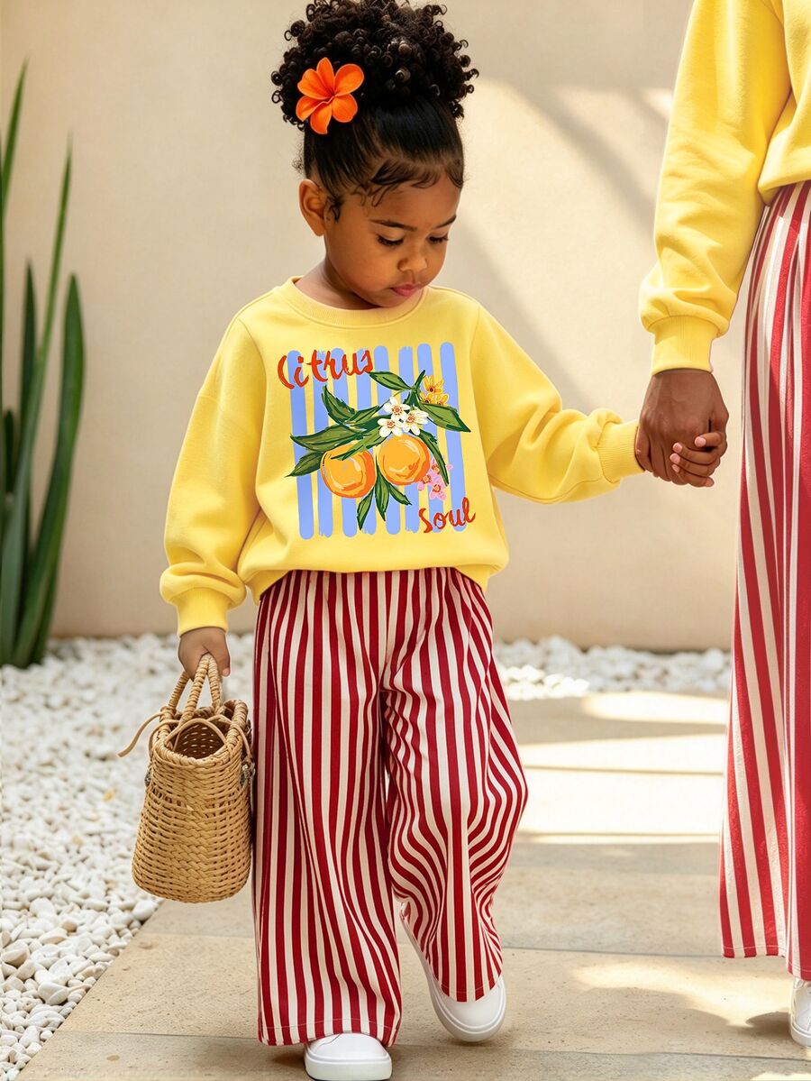 Baby Girls Casual Fresh Lemon Letter Thin Pink & White Vertical Striped Crew Neck Sweatshirt & Wide Leg Pants Set, Autumn/Winter 2026 - Multicolor - View 1