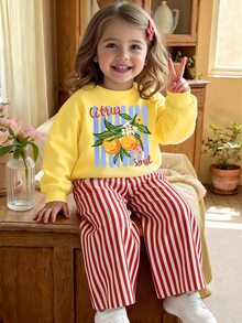 Baby Girls Casual Fresh Lemon Letter Thin Pink & White Vertical Striped Crew Neck Sweatshirt & Wide Leg Pants Set, Autumn/Winter 2026 - Multicolor - View 5