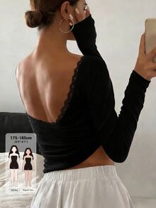 Livesso Tall Women's Deep Back Lace Patchwork Long Sleeve T-Shirt - Black - View 1