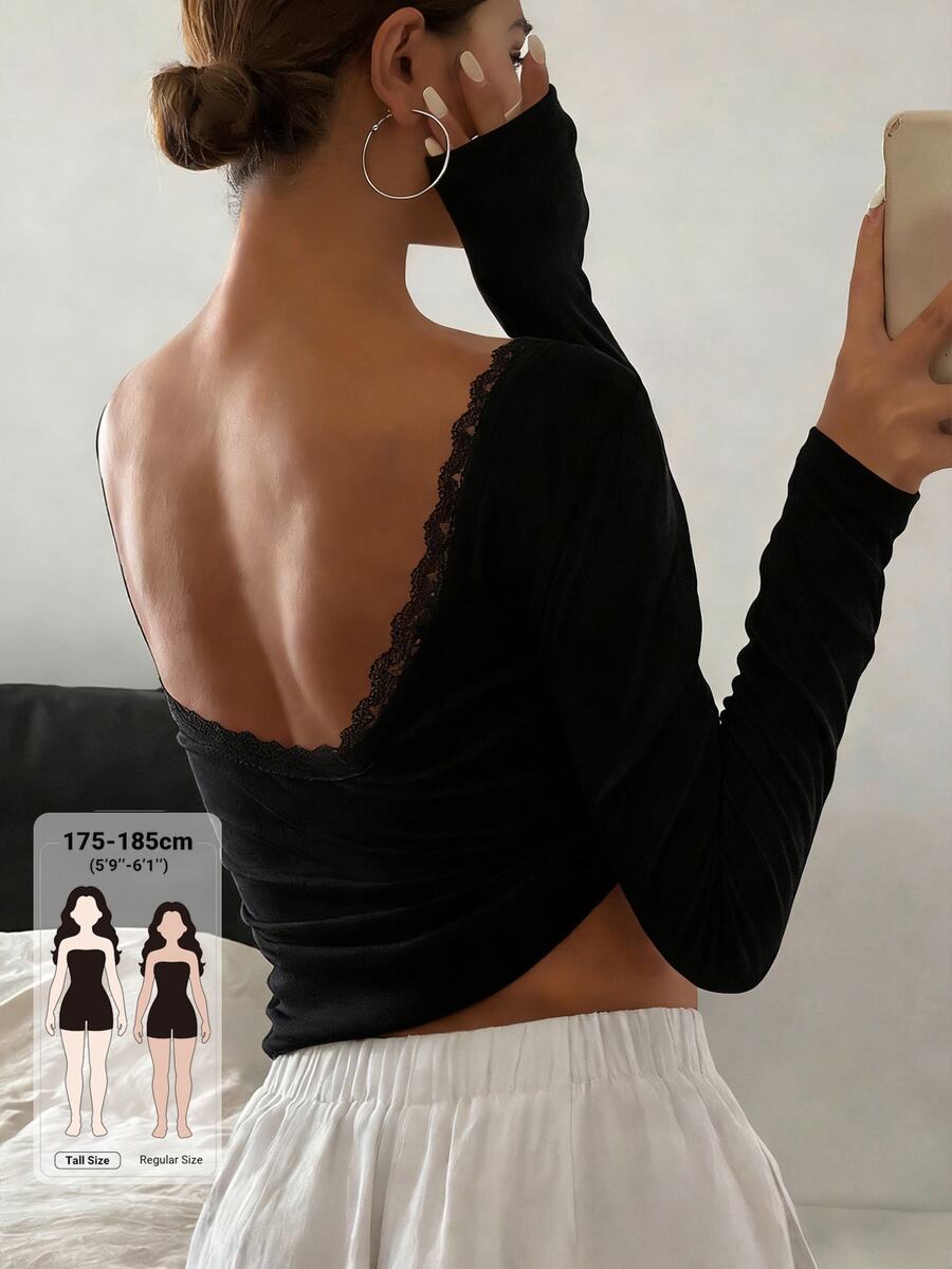 Livesso Tall Women's Deep Back Lace Patchwork Long Sleeve T-Shirt - Black - View 1