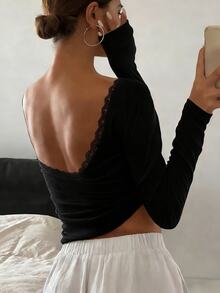 Livesso Tall Women's Deep Back Lace Patchwork Long Sleeve T-Shirt - Black - View 5