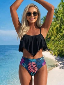 Swim Lushoire 夏季海滩女式单色流苏下摆吊带比基尼套装带印花内衣和腰带分体泳衣女士泳装 - 彩色 - 查看 8