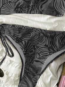 SHEIN Swim Women's Casual Vacation Beach Plant Print Bikini Two Pieces Swimwear - Black - View 8