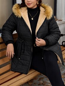 SHEIN Clasi 大尺碼女款長袖拉鍊抽繩收腰毛領連帽冬季外套 - 黑色 - 查看 4