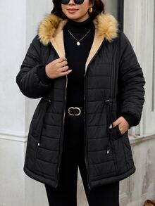 SHEIN Clasi 大尺碼女款長袖拉鍊抽繩收腰毛領連帽冬季外套 - 黑色 - 查看 5