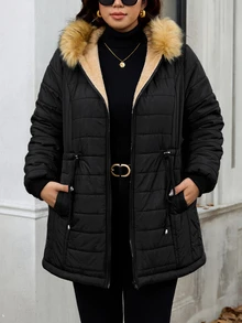 SHEIN Clasi 大尺碼女款長袖拉鍊抽繩收腰毛領連帽冬季外套 - 黑色 - 查看 10