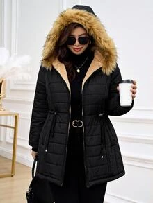 SHEIN Clasi 大尺碼女款長袖拉鍊抽繩收腰毛領連帽冬季外套 - 黑色 - 查看 13