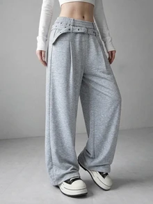 FRIFUL Women's Solid Color Waist Eyelet Buckle Design Wide Leg Casual Sweatpants - Grey - View 4