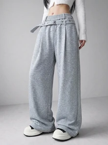 FRIFUL Women's Solid Color Waist Eyelet Buckle Design Wide Leg Casual Sweatpants - Grey - View 8