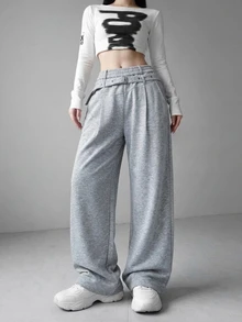 FRIFUL Women's Solid Color Waist Eyelet Buckle Design Wide Leg Casual Sweatpants - Grey - View 5