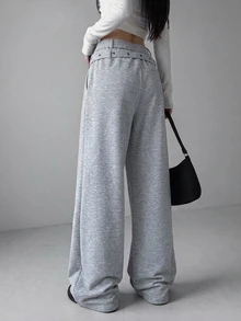 FRIFUL Women's Solid Color Waist Eyelet Buckle Design Wide Leg Casual Sweatpants - Grey - View 2