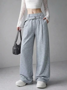 FRIFUL Women's Solid Color Waist Eyelet Buckle Design Wide Leg Casual Sweatpants - Grey - View 6