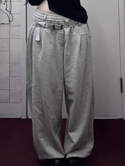 FRIFUL Women's Solid Color Waist Eyelet Buckle Design Wide Leg Casual Sweatpants