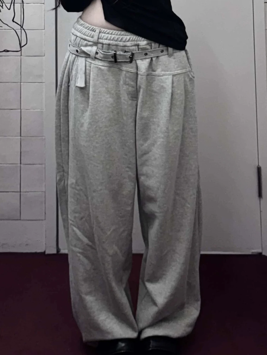 FRIFUL Women's Solid Color Waist Eyelet Buckle Design Wide Leg Casual Sweatpants - Grey - View 1
