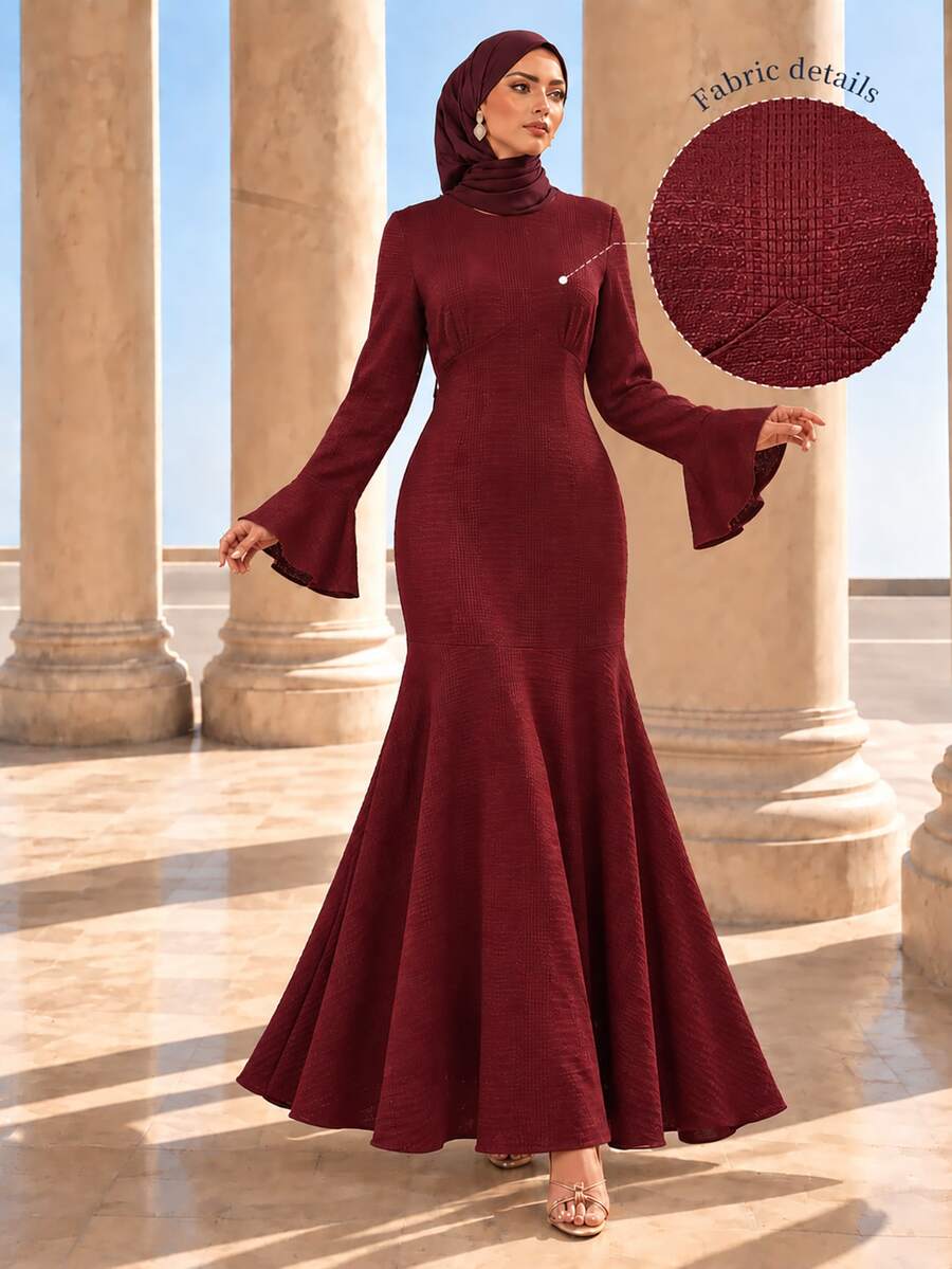 Graceveil Elegant Modest Textured Jacquard Flare Sleeve Cinched Waist Mermaid Dress For Fall Dinner Burgundy