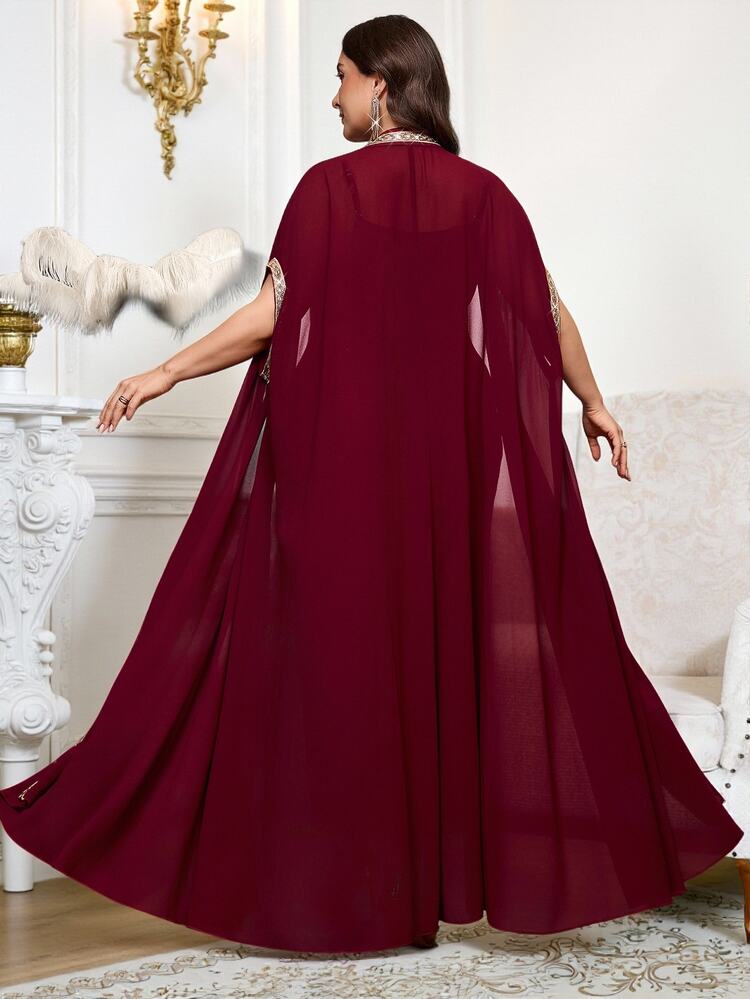 Reflora Plus Size Women's Patchwork Webbing Trim Batwing Sleeve Long Robe And Cami Dress Elegant Casual 2-Piece Set Wedding Bussines Formal Burgundy Summer - Burgundy - View 2