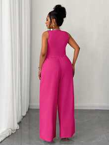Maweii Plus Size Women 2pcs Set Solid Color Cropped Vest & Wide Leg Pants Suit Pink Festival - Hot Pink - View 2
