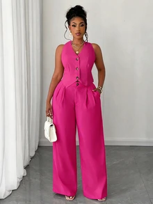 Maweii Plus Size Women 2pcs Set Solid Color Cropped Vest & Wide Leg Pants Suit Pink Festival - Hot Pink - View 1