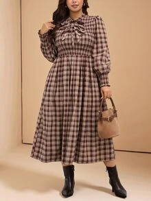 Comfylo Plus Size Women's Plaid Pleated Casual Party Summer Dress Fall - Multicolor - View 3