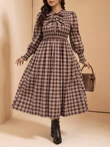 Comfylo Plus Size Women's Plaid Pleated Casual Party Summer Dress Fall - Multicolor - View 6