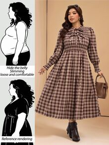 Comfylo Plus Size Women's Plaid Pleated Casual Party Summer Dress Fall - Multicolor - View 4