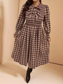 Comfylo Plus Size Women's Plaid Pleated Casual Party Summer Dress Fall - Multicolor - View 7