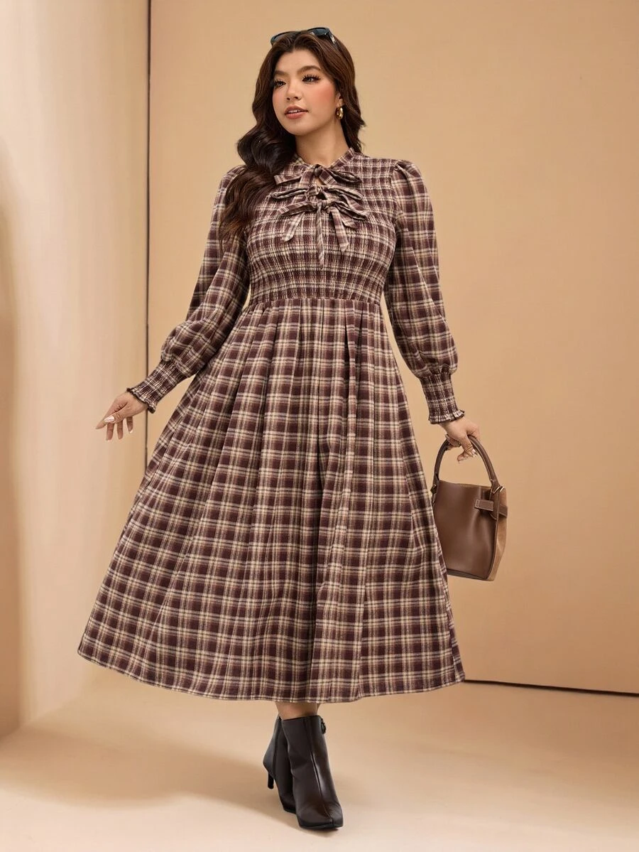 Comfylo Plus Size Women's Plaid Pleated Casual Party Summer Dress Fall - Multicolor - View 1