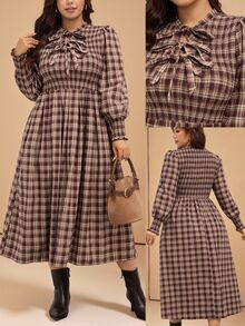 Comfylo Plus Size Women's Plaid Pleated Casual Party Summer Dress Fall - Multicolor - View 2