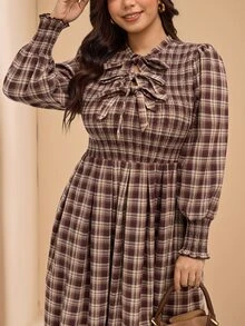 Comfylo Plus Size Women's Plaid Pleated Casual Party Summer Dress Fall - Multicolor - View 8
